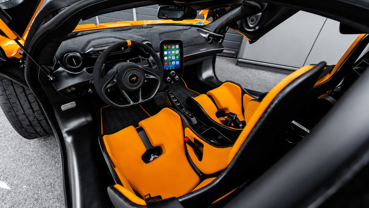 Apple CarPlay on the portrait centre screen of a McLaren Senna